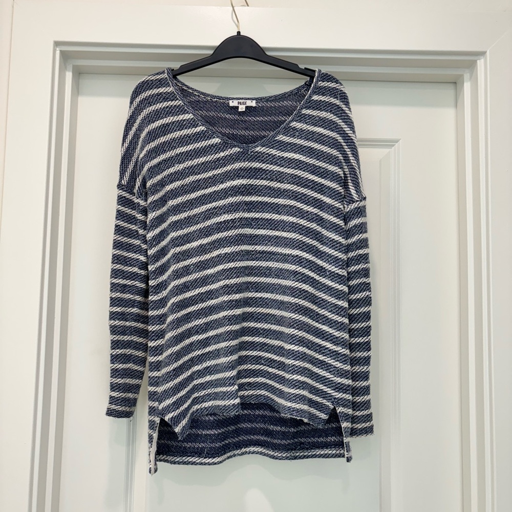 PAIGE Navy and White Striped V-Neck Pullover